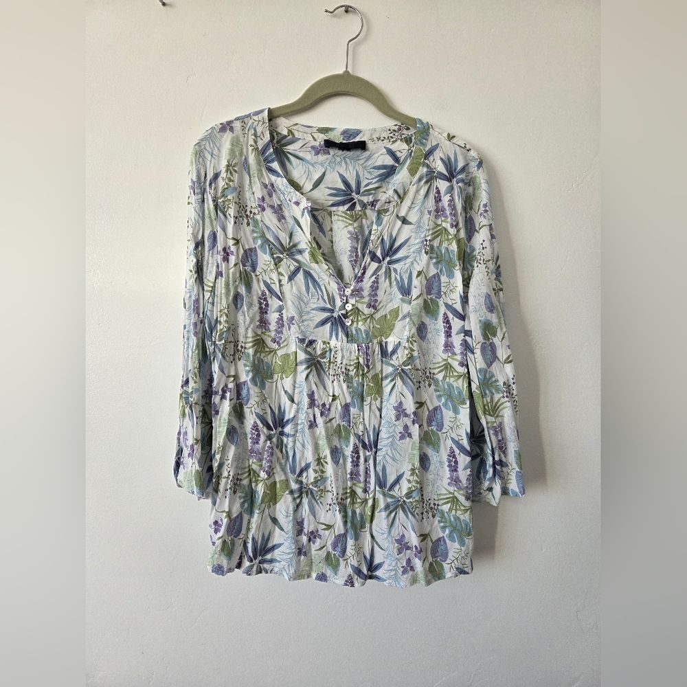 Rachel Roy Peasant Blouse Babydoll Floral Botanical Print Cottagecore Rayon XL